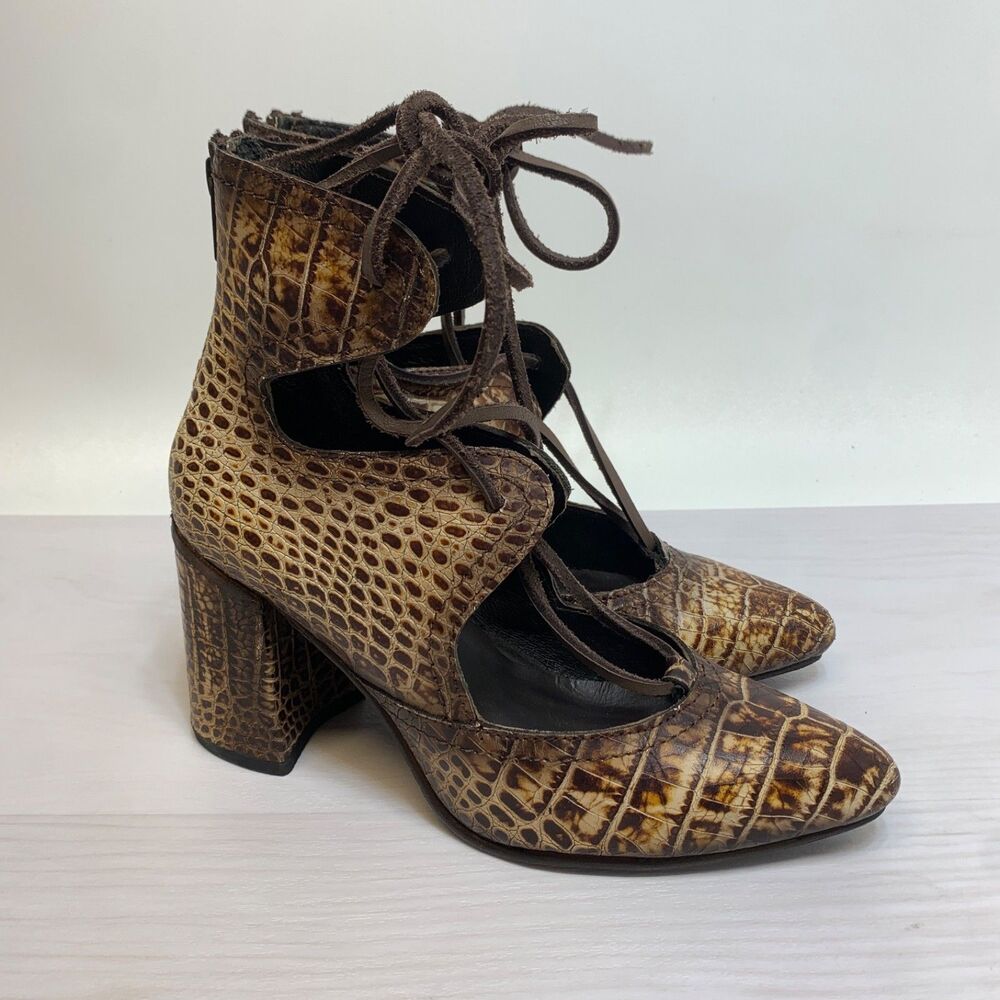 FREE BIRD by STEVEN “Joyce” Brown Croc Leather‎ Lace-up Size 7 Ankle Boho Heels